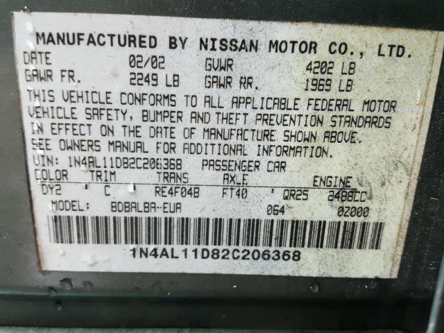 1N4AL11D82C206368 - 2002 NISSAN ALTIMA BAS GREEN photo 10