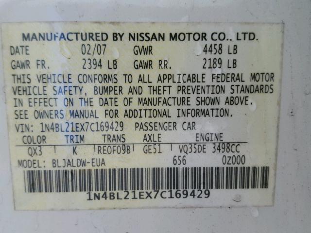 1N4BL21EX7C169429 - 2007 NISSAN ALTIMA 3.5 WHITE photo 10