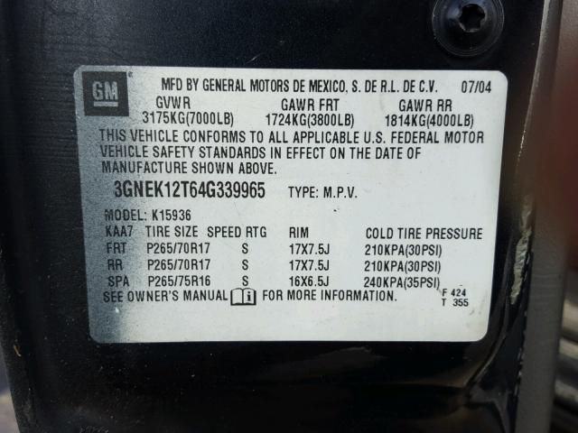 3GNEK12T64G339965 - 2004 CHEVROLET AVALANCHE BLACK photo 10