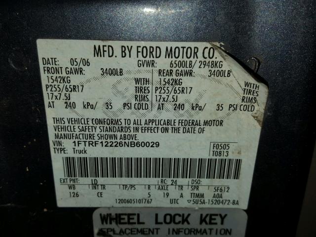 1FTRF12226NB60029 - 2006 FORD F150 BLUE photo 10