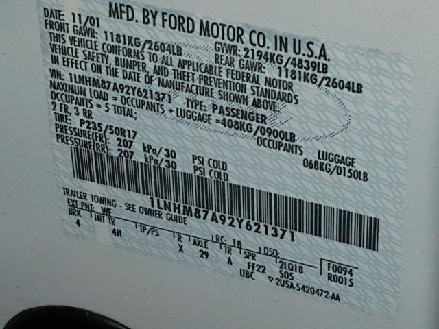 1LNHM87A92Y621371 - 2002 LINCOLN LS 白色 照片 10