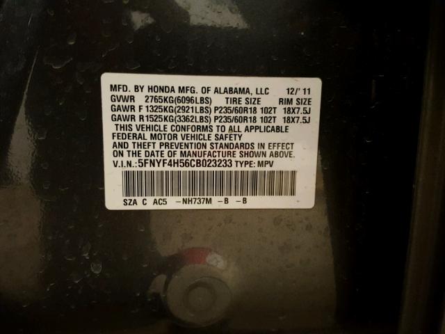 5FNYF4H56CB023233 - 2012 HONDA PILOT EXL CHARCOAL photo 10