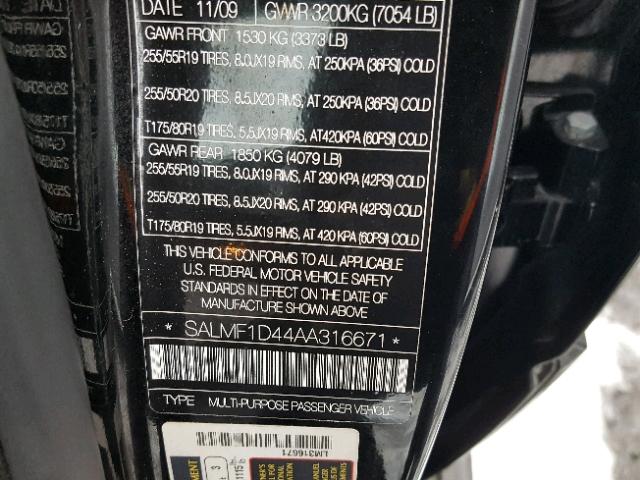 SALMF1D44AA316671 - 2010 LAND ROVER RANGE ROVE BLACK photo 10