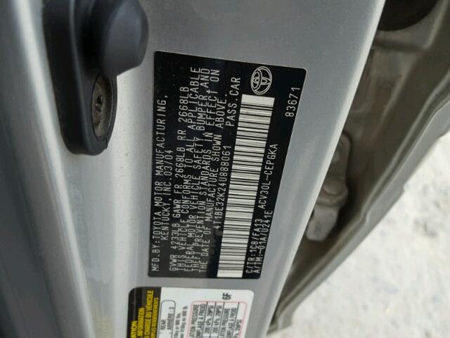 4T1BE32K24U888061 - 2004 TOYOTA CAMRY LE SILVER photo 10