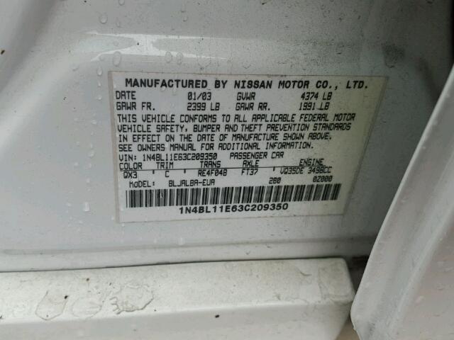 1N4BL11E63C209350 - 2003 NISSAN ALTIMA SE WHITE photo 10