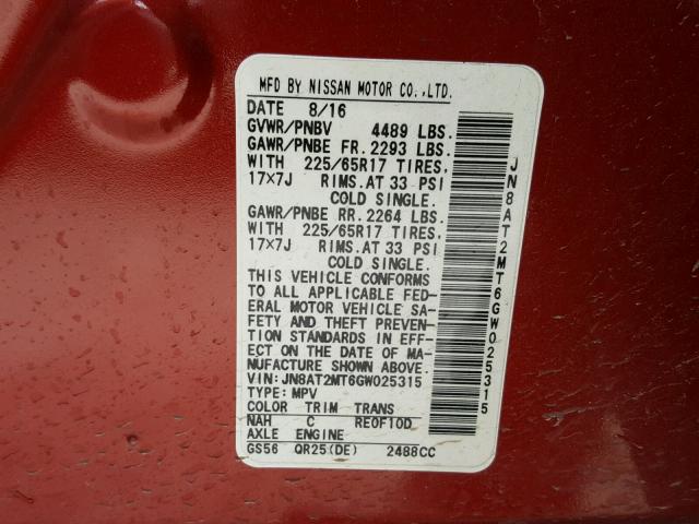 JN8AT2MT6GW025315 - 2016 NISSAN ROGUE S RED photo 10