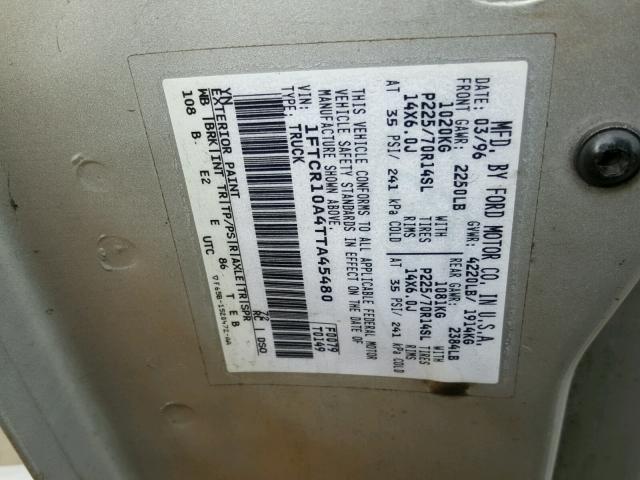 1FTCR10A4TTA45480 - 1996 FORD RANGER SILVER photo 10