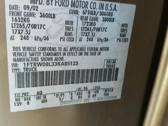 1FTRW08L33KA85123 - 2003 FORD F150 SUPER BROWN photo 10