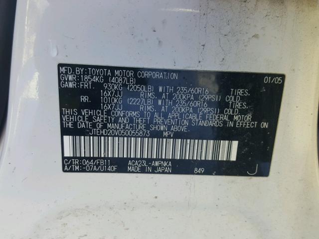 JTEHD20V050055873 - 2005 TOYOTA RAV4 WHITE photo 10