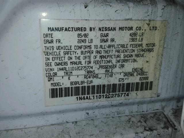 1N4AL11D12C275774 - 2002 NISSAN ALTIMA BAS WHITE photo 10