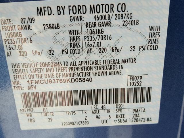 1FMCU93769KD05840 - 2009 FORD ESCAPE XLT BLUE photo 10