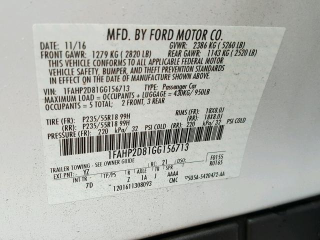 1FAHP2D81GG156713 - 2016 FORD TAURUS SE WHITE photo 10