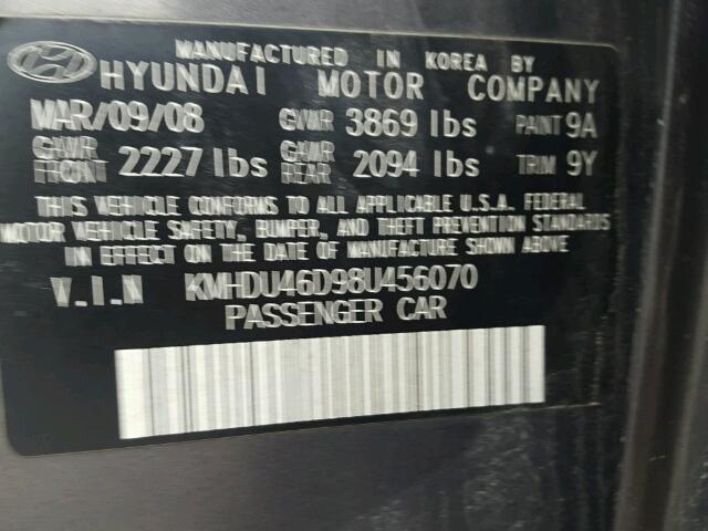 KMHDU46D98U456070 - 2008 HYUNDAI ELANTRA GL GRAY photo 10