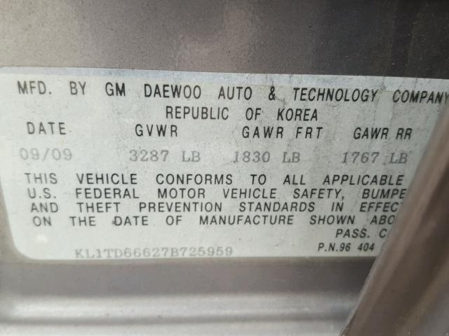 KL1TD66627B725959 - 2007 CHEVROLET AVEO BASE CHARCOAL photo 10