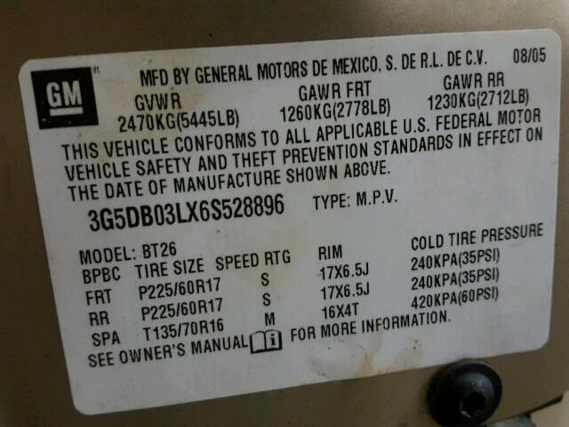 3G5DB03LX6S528896 - 2006 BUICK RENDEZVOUS GOLD photo 10