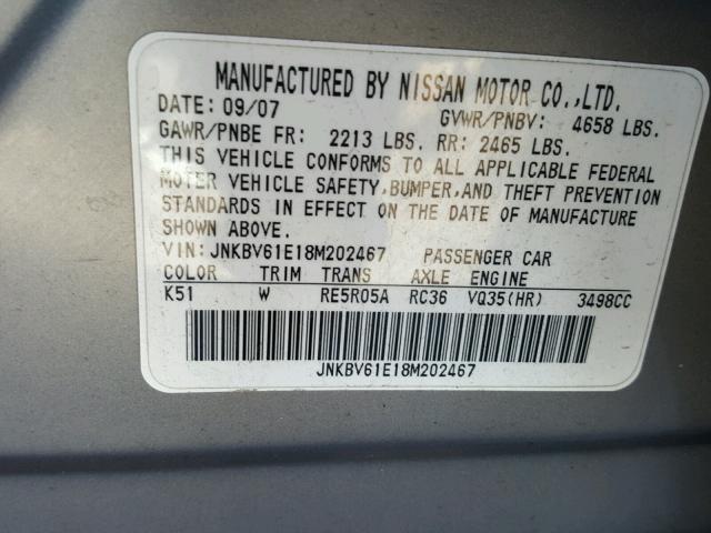 JNKBV61E18M202467 - 2008 INFINITI G35 SILVER photo 10