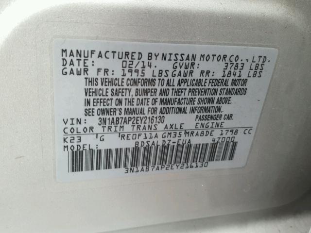 3N1AB7AP2EY216130 - 2014 NISSAN SENTRA S SILVER photo 10