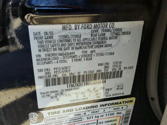 1FMZK01186GA06844 - 2006 FORD FREESTYLE BLACK photo 10