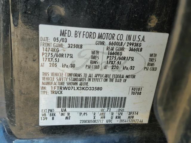 1FTRW07LX3KD33580 - 2003 FORD F150 SUPER BLACK photo 10