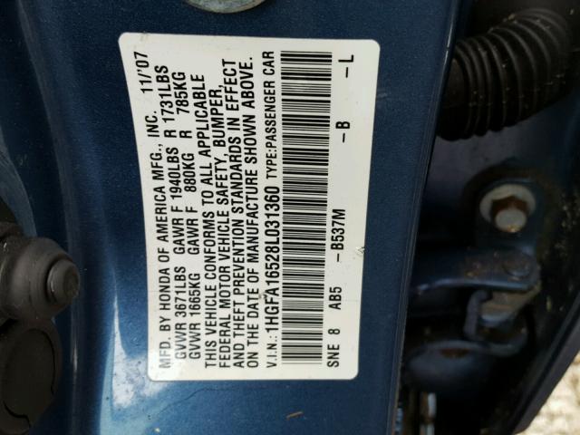 1HGFA16528L031360 - 2008 HONDA CIVIC LX BLUE photo 10