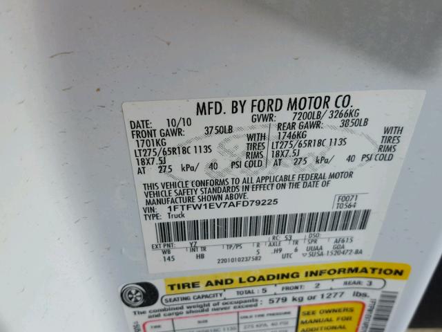 1FTFW1EV7AFD79225 - 2010 FORD F150 SUPER WHITE photo 10