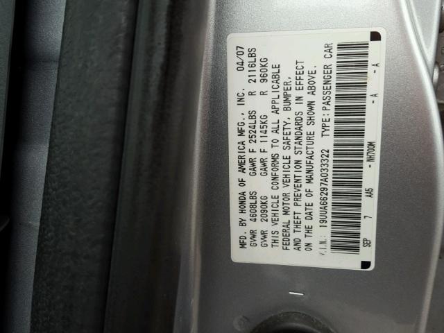 19UUA66297A033322 - 2007 ACURA TL SILVER photo 10