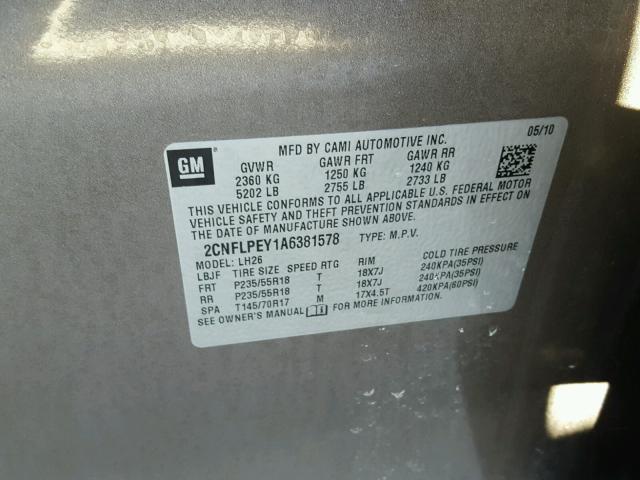 2CNFLPEY1A6381578 - 2010 CHEVROLET EQUINOX LT GRAY photo 10