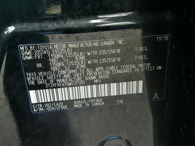 2T3YFREV7GW237505 - 2016 TOYOTA RAV4 LIMIT BLACK photo 10