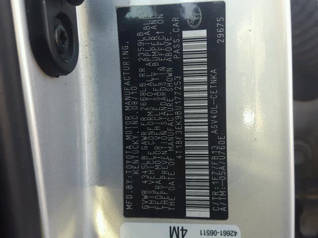 4T1BF3EK9BU177253 - 2011 TOYOTA CAMRY BASE SILVER photo 10