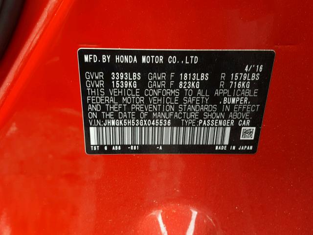 JHMGK5H53GX045536 - 2016 HONDA FIT LX Червоний фото 10