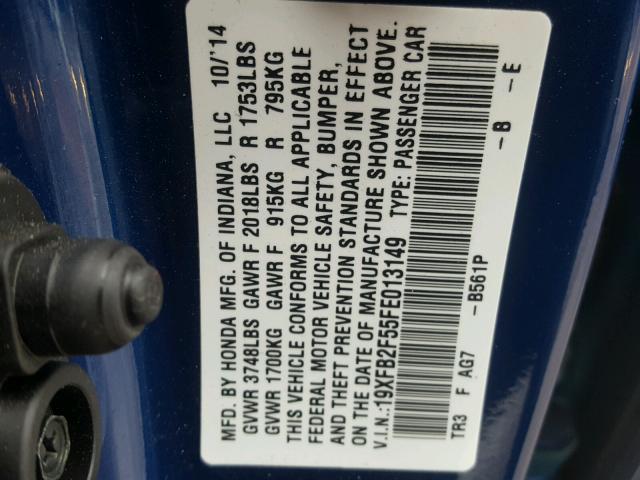 19XFB2F55FE013149 - 2015 HONDA CIVIC LX BLUE photo 10