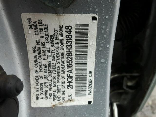 2HGFA16528H331848 - 2008 HONDA CIVIC LX SILVER photo 10