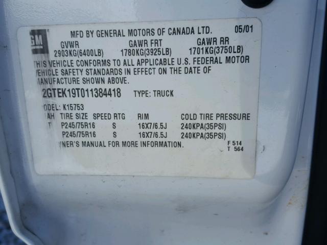 2GTEK19T011384418 - 2001 GMC NEW SIERRA WHITE photo 10