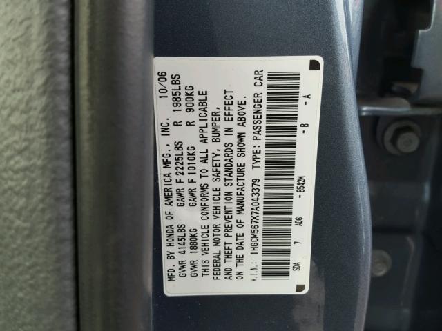 1HGCM567X7A043379 - 2007 HONDA ACCORD EX BLUE photo 10