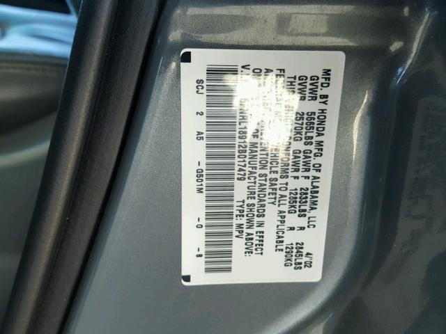 5FNRL18912B017479 - 2002 HONDA ODYSSEY EX GRAY photo 10