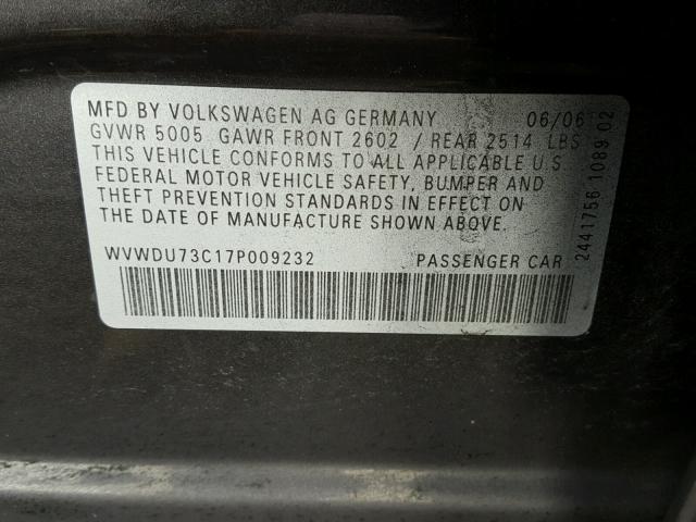 WVWDU73C17P009232 - 2007 VOLKSWAGEN PASSAT 3.6 GRAY photo 10