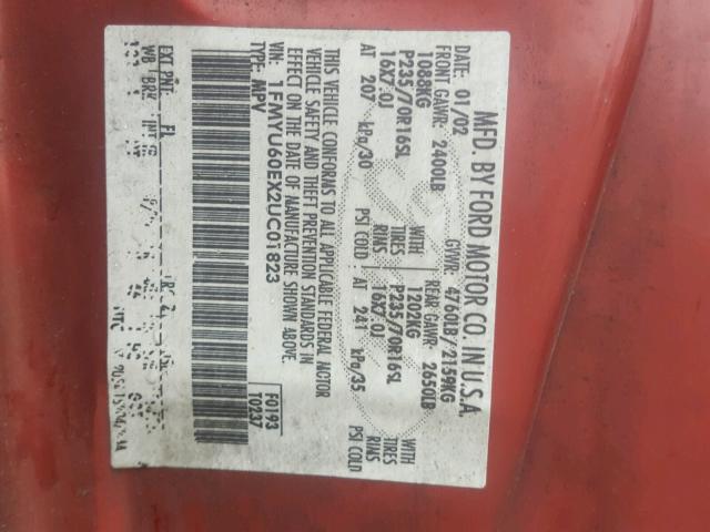 1FMYU60EX2UC01823 - 2002 FORD EXPLORER S 红色 照片 10