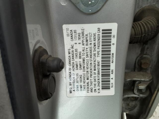 2HGFA1F58AH318947 - 2010 HONDA CIVIC LX SILVER photo 10