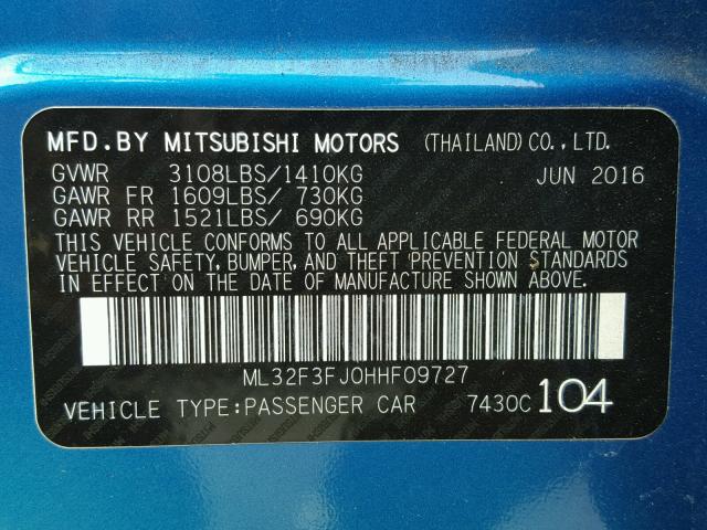 ML32F3FJ0HHF09727 - 2017 MITSUBISHI MIRAGE G4 BLUE photo 10