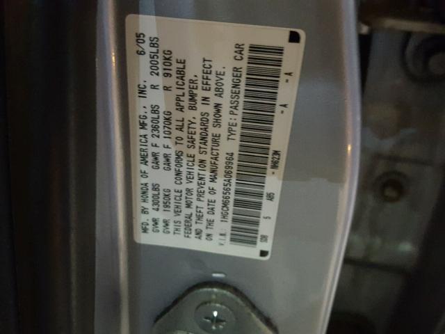 1HGCM66565A069964 - 2005 HONDA ACCORD EX SILVER photo 10