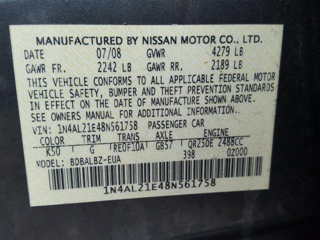 1N4AL21E48N561758 - 2008 NISSAN ALTIMA 2.5 GRAY photo 10