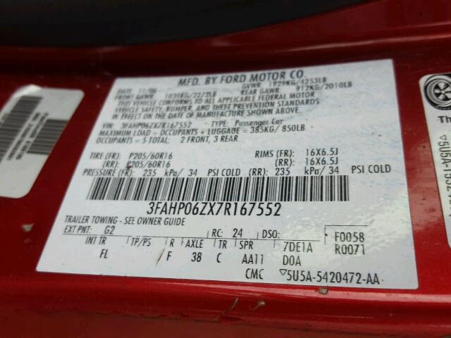 3FAHP06ZX7R167552 - 2007 FORD FUSION S RED photo 10