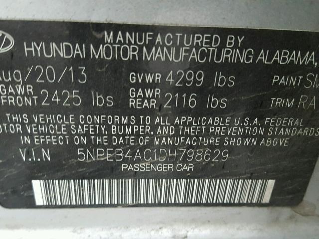 5NPEB4AC1DH798629 - 2013 HYUNDAI SONATA GLS SILVER photo 10