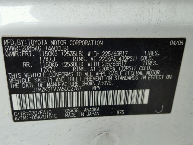 JTMZK31V765002787 - 2006 TOYOTA RAV4 LIMIT WHITE photo 10