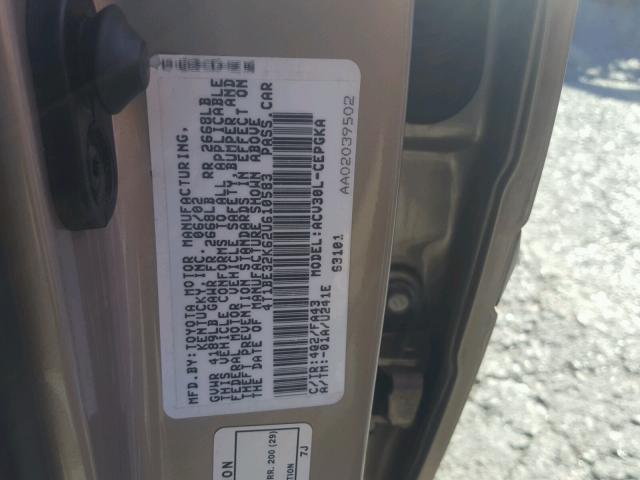 4T1BE32K62U610583 - 2002 TOYOTA CAMRY LE GOLD photo 10