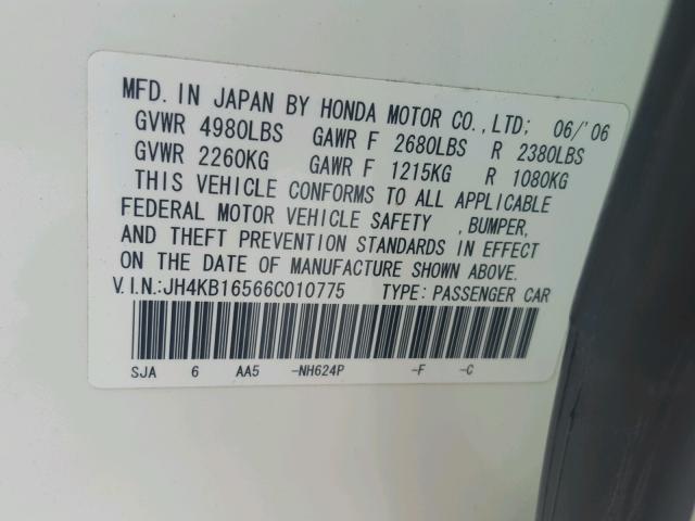 JH4KB16566C010775 - 2006 ACURA RL თეთრი ფოტო 10