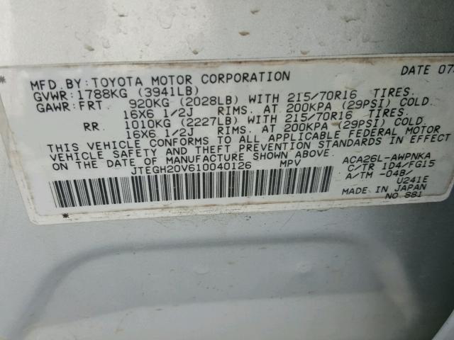 JTEGH20V610040126 - 2001 TOYOTA RAV4 SILVER photo 10