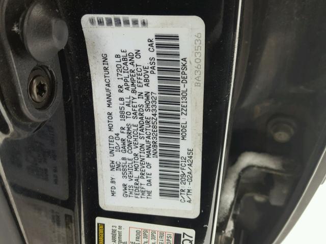 1NXBR32E85Z433327 - 2005 TOYOTA COROLLA CE BLACK photo 10