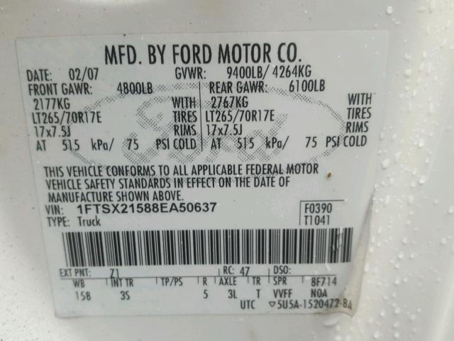 1FTSX21588EA50637 - 2008 FORD F250 SUPER WHITE photo 10