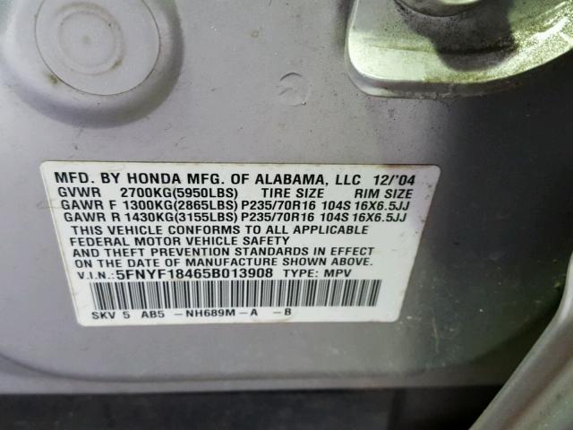 5FNYF18465B013908 - 2005 HONDA PILOT EX SILVER photo 10